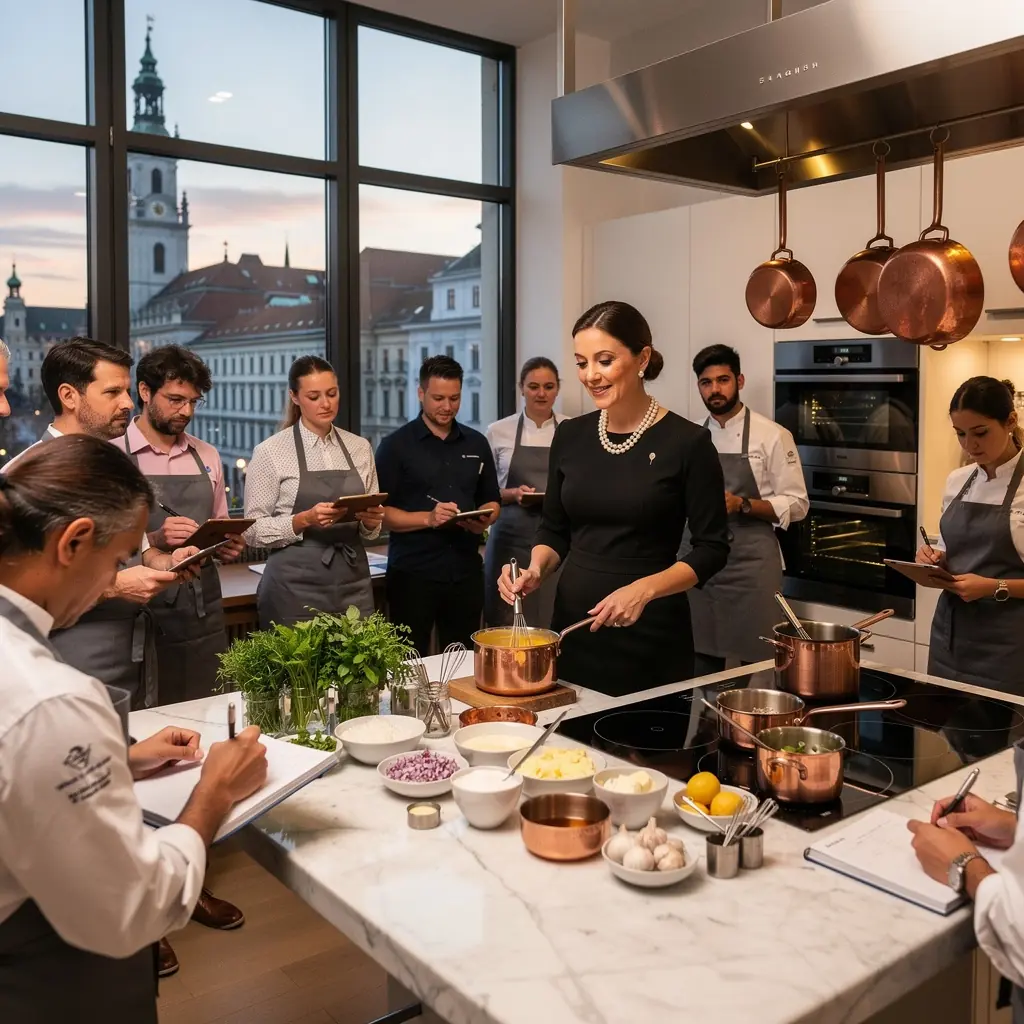 Kochutensilien und frische Zutaten auf einem Holztisch, ideal fГјr die Zubereitung von Suppen.