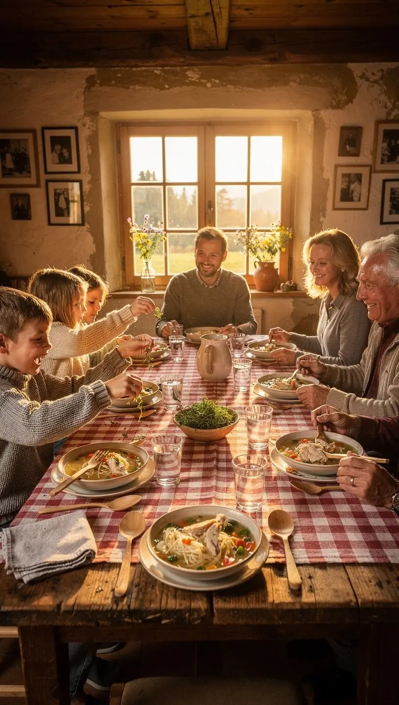 Nahaufnahme von GemГјse, das in einem Topf fГјr eine aromatische BrГјhe kГ¶chelt.