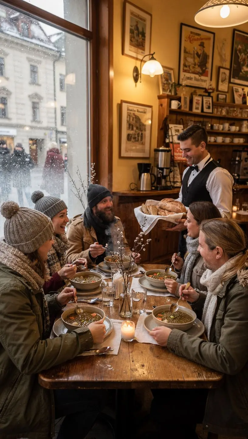 Ein Teller mit hausgemachter Suppe, dekoriert mit bunten Gemüsestücken und einem Spritzer Sahne.